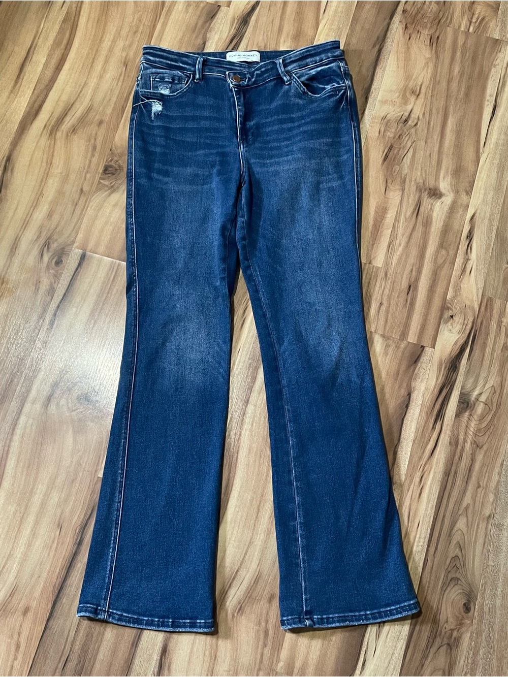 Flying Monkey Lightly Distressed Flare Denim Jeans Whisker Wash Wide Leg Sz 31